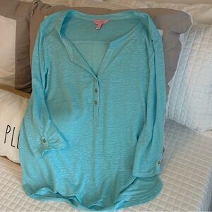 Lilly Pulitzer Aqua Blue Henley Tunic Top 100% linen
